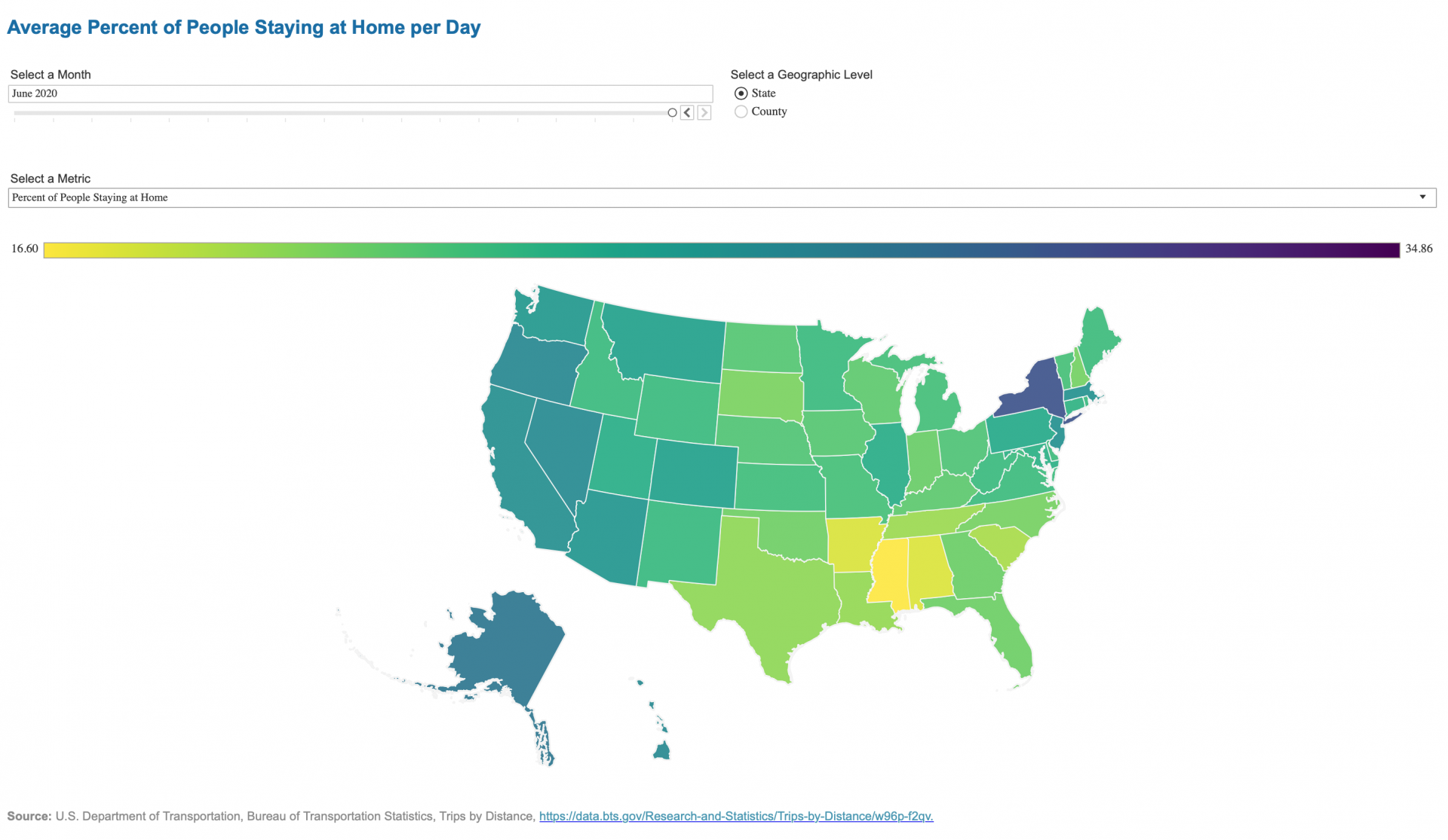 Map of US States by percent of population staying at home.