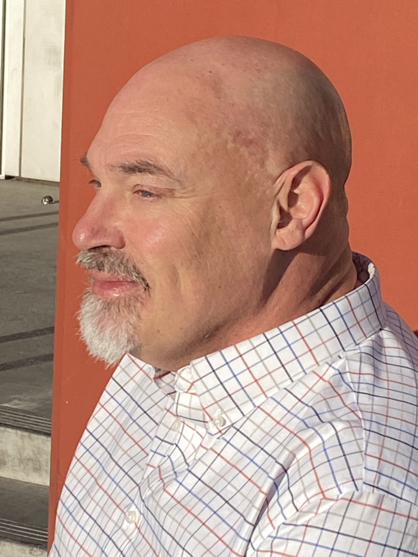 Side profile of white middle-aged male with bald head, mustache and goatie