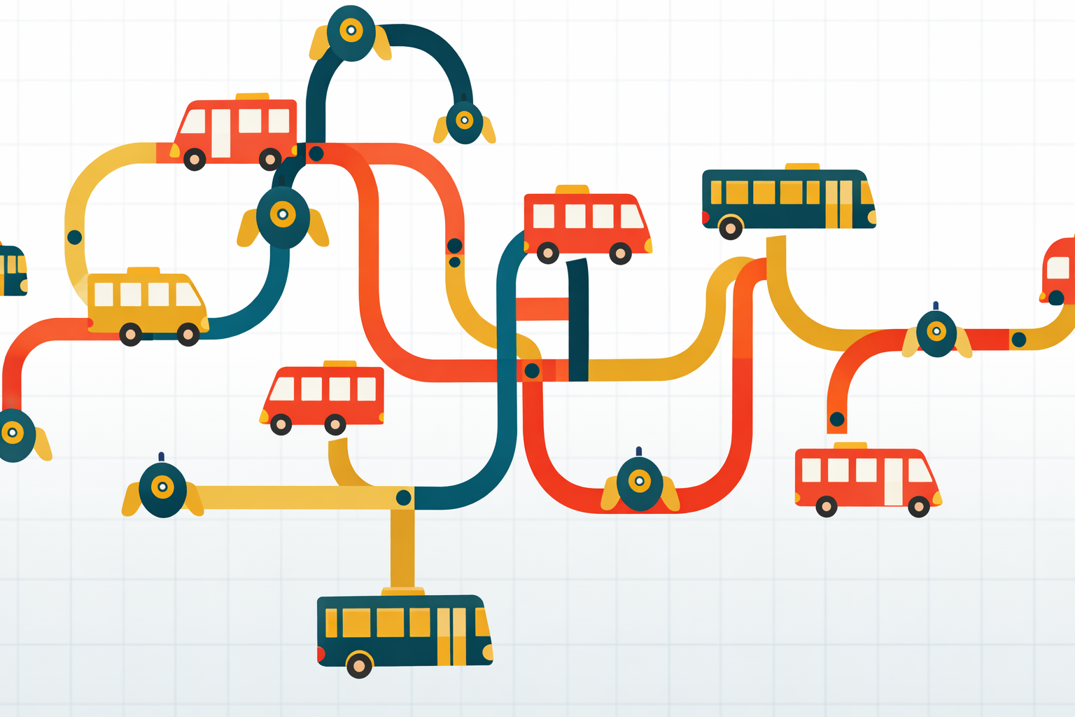 a stylized transit-map illustration with looping red/yellow/blue routes and busses placed along the line
